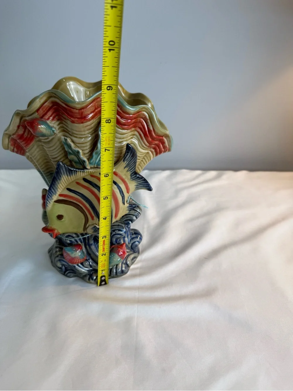VTG Majolica Style Angelfish Ceramic Vase MCM Coastal Sculptural Fish Decor Read